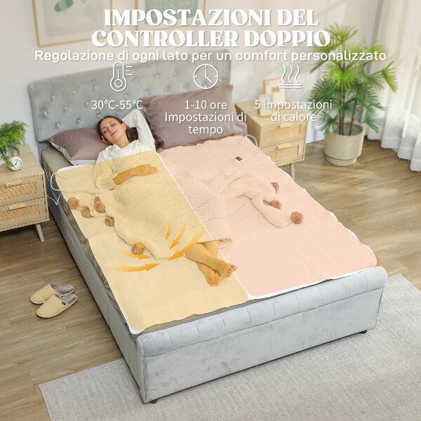 DecHome Coperta Elettrica 160x140 cm con 5 Livelli di Calore e 2 Zone di Controllo Indipendenti in Poliestere colore Bianco - W715WT