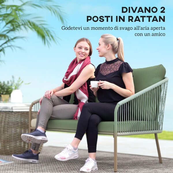 VivaGarden Divano da Esterno 2 Posti con Cuscini in Rattan PE 112x72x76 cm colore Verde