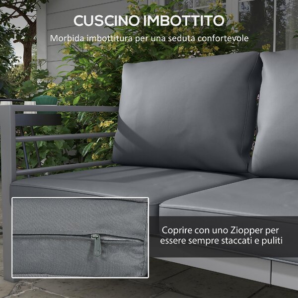 VivaGarden Divano da Esterno 3 Posti con Cuscini in Alluminio 185x66x64 cm colore Grigio