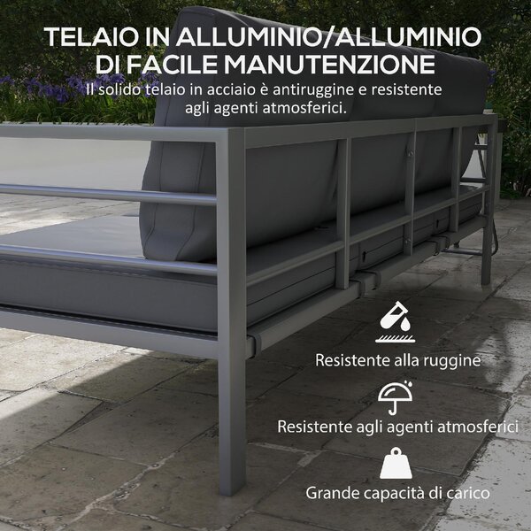 VivaGarden Divano da Esterno 3 Posti con Cuscini in Alluminio 185x66x64 cm colore Grigio