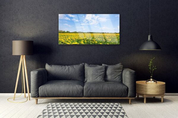 Quadro in vetro Prato del dente di leone 100x50 cm 2 appendini