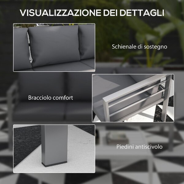 VivaGarden Divano da Esterno 3 Posti con Cuscini in Alluminio 185x66x64 cm colore Grigio