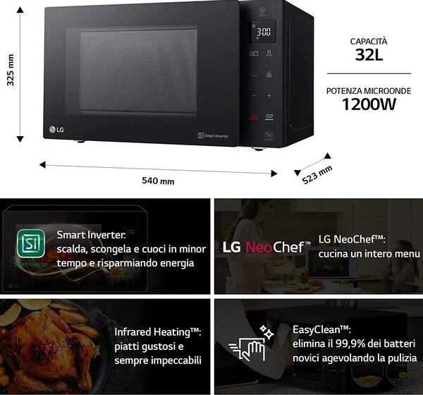 Lg Forno Microonde Combinato con Grill Capacit 32 Litri Potenza 1350 Watt Inverter Timer colore Nero - MH7235GPS