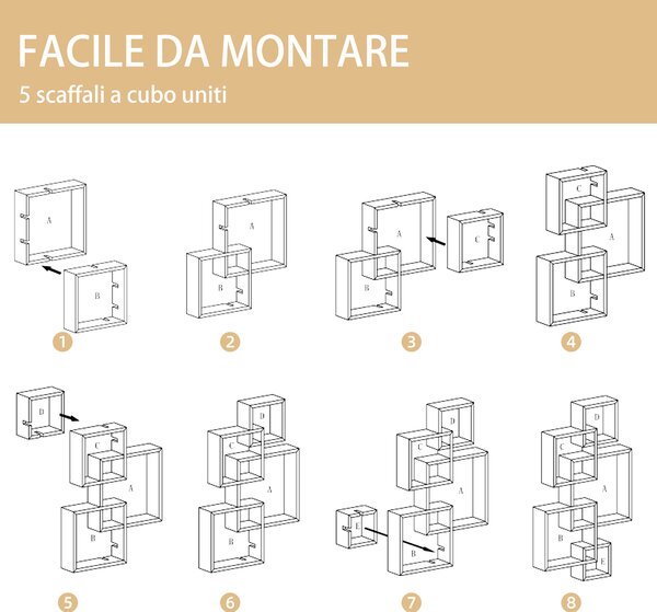 HOMCOM Libreria Moderna Sospesa con 5 Cubi Intrecciati in Legno, 49.5x10.2x86cm, Bianco|Aosom