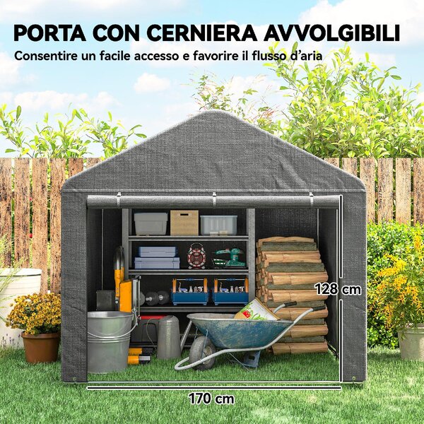 VivaGarden Gazebo da Giardino Tenda Garage Moto Bici 2x2.4 m in Metallo/Tessuto Protezione Raggi UV Chiuso con Porta Avvolgibile colore Grigio Chiaro