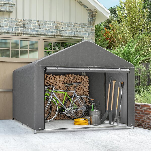 VivaGarden Gazebo da Giardino Tenda Garage Moto Bici 2x2.4 m in Metallo/Tessuto Protezione Raggi UV Chiuso con Porta Avvolgibile colore Grigio Chiaro