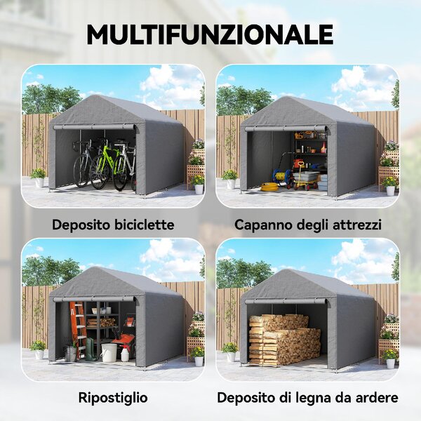 VivaGarden Gazebo da Giardino Tenda Garage Moto Bici 2x2.4 m in Metallo/Tessuto Protezione Raggi UV Chiuso con Porta Avvolgibile colore Grigio Chiaro