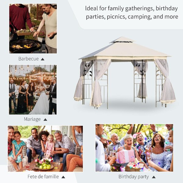 VivaGarden Gazebo Giardino 3x3 mt in Acciaio/Tessuto con Doppio tetto e Zanzariere colore Bianco
