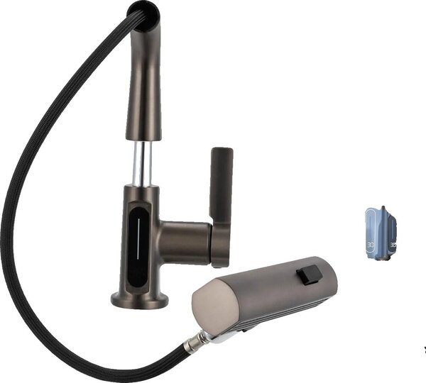 Miscelatore monocomando, struttura resistente in acciaio inox, nucleo valvola in ottone, installazione a soffitto, aeratore estraibile, finitura lucida