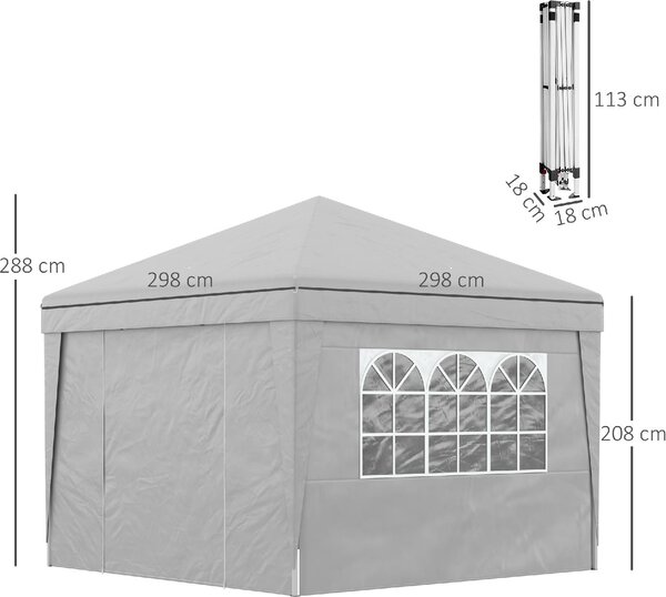 VivaGarden Gazebo Giardino 3x3 mt Pieghevole in Acciaio/Tessuto Tende Laterali con Finestre colore Grigio Chiaro