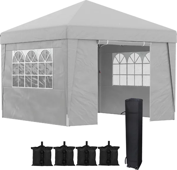VivaGarden Gazebo Giardino 3x3 mt Pieghevole in Acciaio/Tessuto Tende Laterali con Finestre colore Grigio Chiaro
