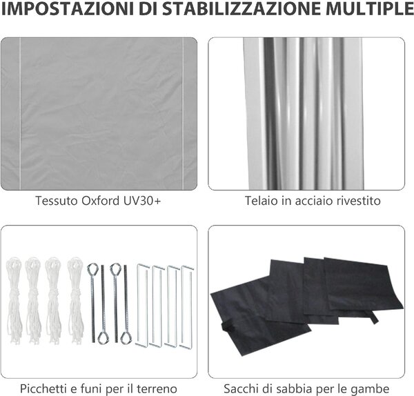 VivaGarden Gazebo Giardino 3x3 mt Pieghevole in Acciaio/Tessuto Tende Laterali con Finestre colore Grigio Chiaro