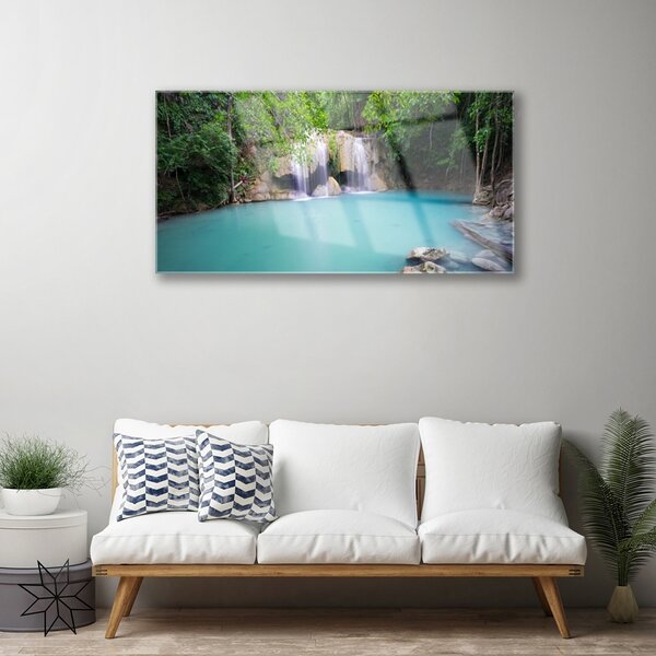 Quadro in vetro Cascata Foresta Lago Natura 100x50 cm 2 appendini