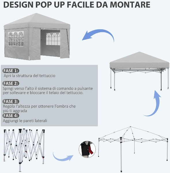 VivaGarden Gazebo Giardino 3x3 mt Pieghevole in Acciaio/Tessuto Tende Laterali con Finestre colore Grigio Chiaro