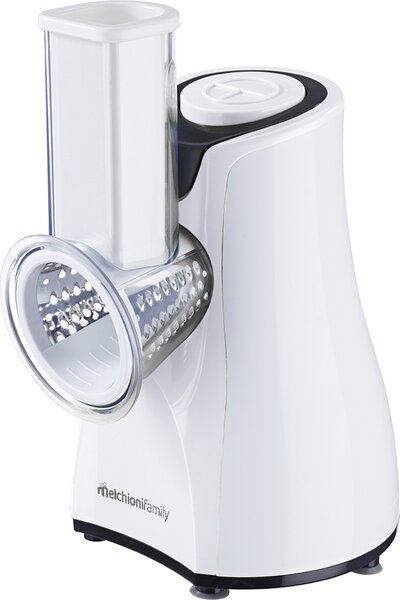 Melchioni Grattugia Elettrica Potenza 200 Watt con 5 Diverse Lame Intercambiabili e Pulsante a Pressione colore Bianco - TAZ