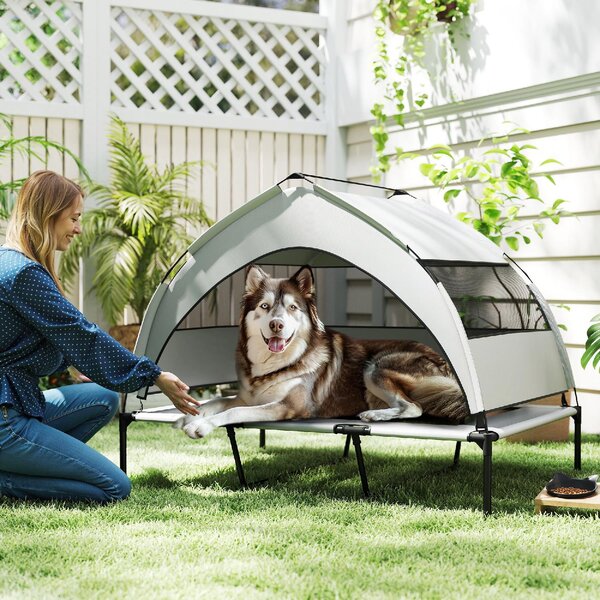 AllMyPets Lettino per Cani con Copertura a 3 Lati Rimovibile in Poliestere e Acciaio 122x92x94 cm colore Grigio Chiaro/Nero - R437LG