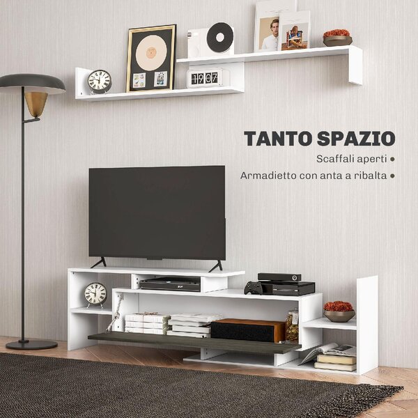 DecHome Parete Attrezzata Moderna Mobile TV + 1 Mensola Dimensioni 153.6x25x42/150x14.5x16.3 cm colore Legno/Bianco