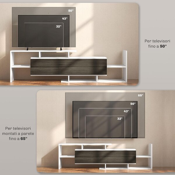 DecHome Parete Attrezzata Moderna Mobile TV + 1 Mensola Dimensioni 153.6x25x42/150x14.5x16.3 cm colore Legno/Bianco