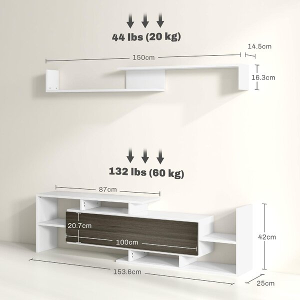DecHome Parete Attrezzata Moderna Mobile TV + 1 Mensola Dimensioni 153.6x25x42/150x14.5x16.3 cm colore Legno/Bianco