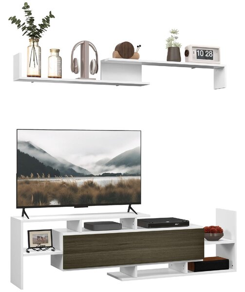 DecHome Parete Attrezzata Moderna Mobile TV + 1 Mensola Dimensioni 153.6x25x42/150x14.5x16.3 cm colore Legno/Bianco