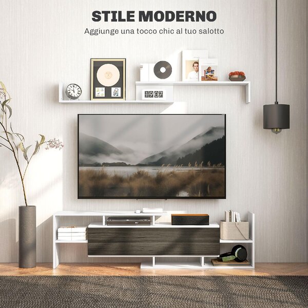 DecHome Parete Attrezzata Moderna Mobile TV + 1 Mensola Dimensioni 153.6x25x42/150x14.5x16.3 cm colore Legno/Bianco