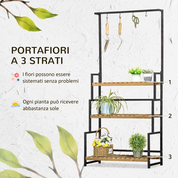 Outsunny Portafiori a 3 Livelli con Ganci Superiori in Legno di Abete e Metallo per Interno ed Esterno, 80x36x174 cm, Nero e color Legno|Aosom