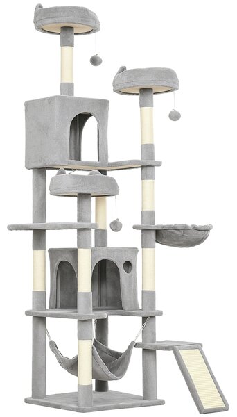 PawHut Albero Tiragraffi per Gatti con Scala, 2 Amache, 3 Posatoi, 2 Casette e 3 Piattaforme, 48x48x192 cm, Grigio e Crema | Aosom Italy