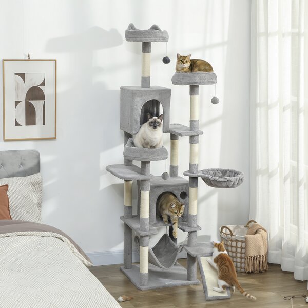PawHut Albero Tiragraffi per Gatti con Scala, 2 Amache, 3 Posatoi, 2 Casette e 3 Piattaforme, 48x48x192 cm, Grigio e Crema | Aosom Italy