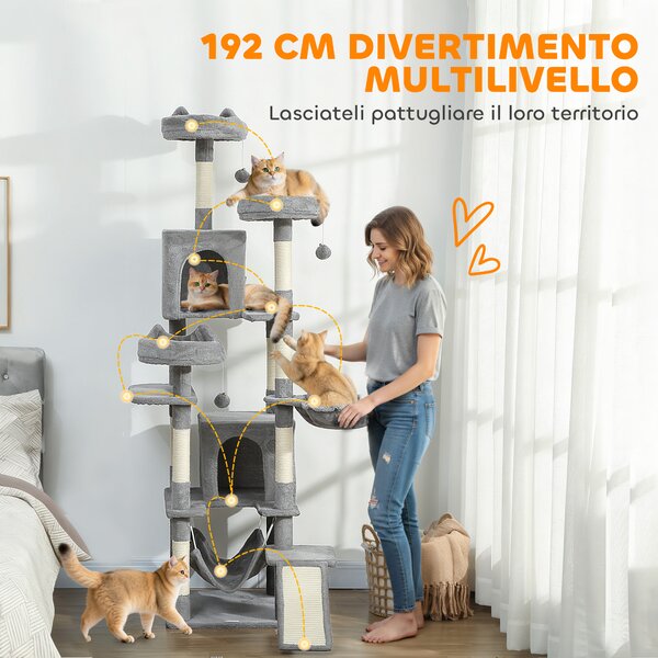 PawHut Albero Tiragraffi per Gatti con Scala, 2 Amache, 3 Posatoi, 2 Casette e 3 Piattaforme, 48x48x192 cm, Grigio e Crema | Aosom Italy