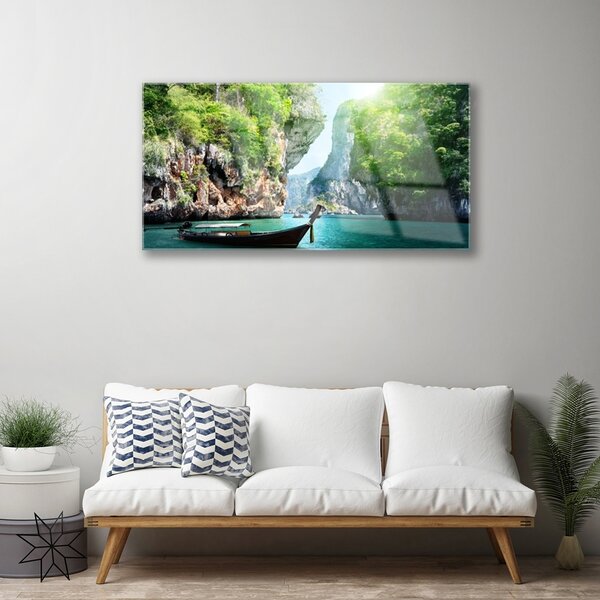 Quadro in vetro Montagna Acqua Barca Natura 100x50 cm 2 appendini
