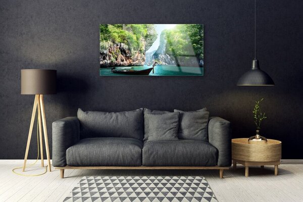 Quadro in vetro Montagna Acqua Barca Natura 100x50 cm 2 appendini