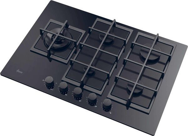 Hoover Piano Cottura 5 Fuochi a Gas 75 cm (1 Bruciatore Tripla Corona) Griglie in Ghisa in Vetro Temperato colore Nero - HVG7WL4WC5B H-Hob 500 GAS 