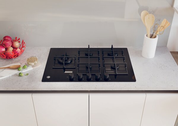 Hoover Piano Cottura 5 Fuochi a Gas 75 cm (1 Bruciatore Tripla Corona) Griglie in Ghisa in Vetro Temperato colore Nero - HVG7WL4WC5B H-Hob 500 GAS 