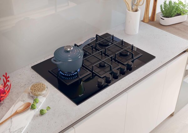 Hoover Piano Cottura 5 Fuochi a Gas 75 cm (1 Bruciatore Tripla Corona) Griglie in Ghisa in Vetro Temperato colore Nero - HVG7WL4WC5B H-Hob 500 GAS 