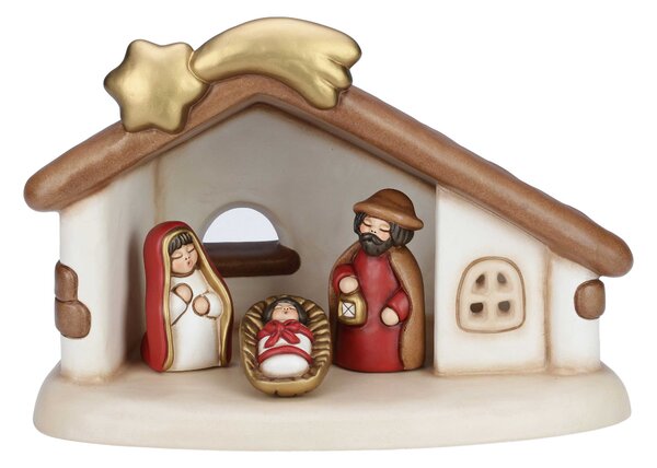 Set capanna con stella cometa e Sacra Famiglia con Gesù, Giuseppe e Maria rosso