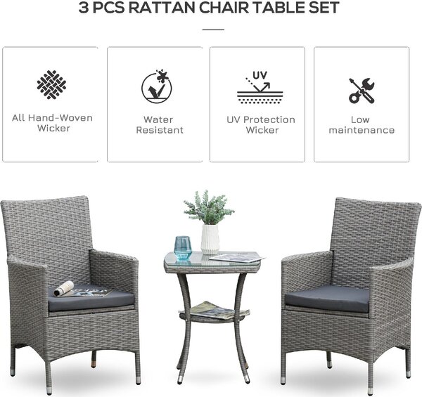 VivaGarden Salotto da Giardino con 2 Poltrone e Tavolino con Cuscini in Rattan PE colore Grigio