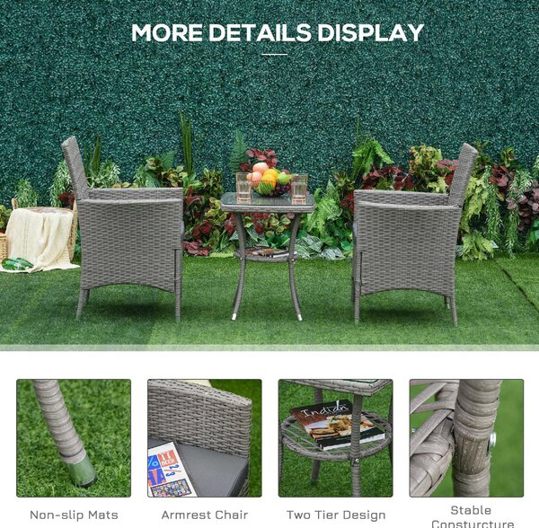 VivaGarden Salotto da Giardino con 2 Poltrone e Tavolino con Cuscini in Rattan PE colore Grigio