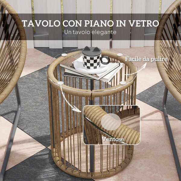 VivaGarden Salotto da Giardino con 2 Sedie e Tavolino con Cuscini in Rattan PE colore Legno/Nero