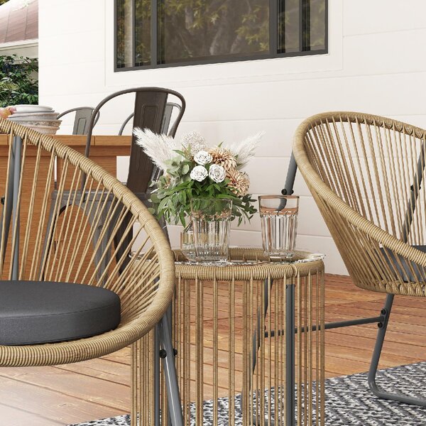 VivaGarden Salotto da Giardino con 2 Sedie e Tavolino con Cuscini in Rattan PE colore Legno/Nero