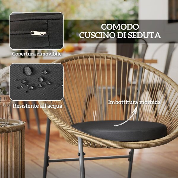 VivaGarden Salotto da Giardino con 2 Sedie e Tavolino con Cuscini in Rattan PE colore Legno/Nero