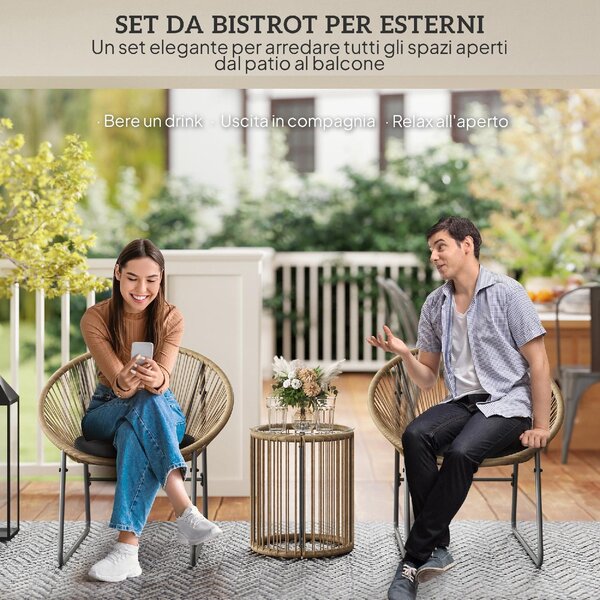 VivaGarden Salotto da Giardino con 2 Sedie e Tavolino con Cuscini in Rattan PE colore Legno/Nero
