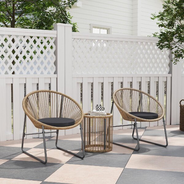 VivaGarden Salotto da Giardino con 2 Sedie e Tavolino con Cuscini in Rattan PE colore Legno/Nero