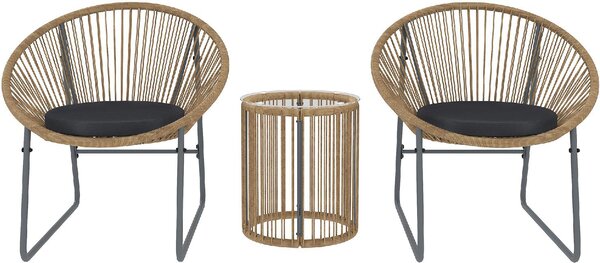 VivaGarden Salotto da Giardino con 2 Sedie e Tavolino con Cuscini in Rattan PE colore Legno/Nero