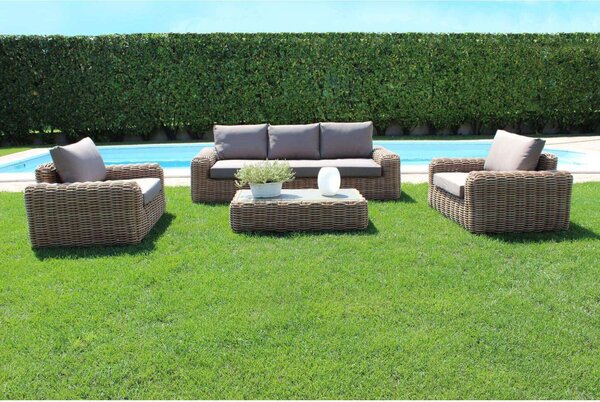 VivaGarden Salotto da Giardino con Divano 3 Posti 2 Poltrone e Tavolino con Cuscini in Wicker colore Naturale