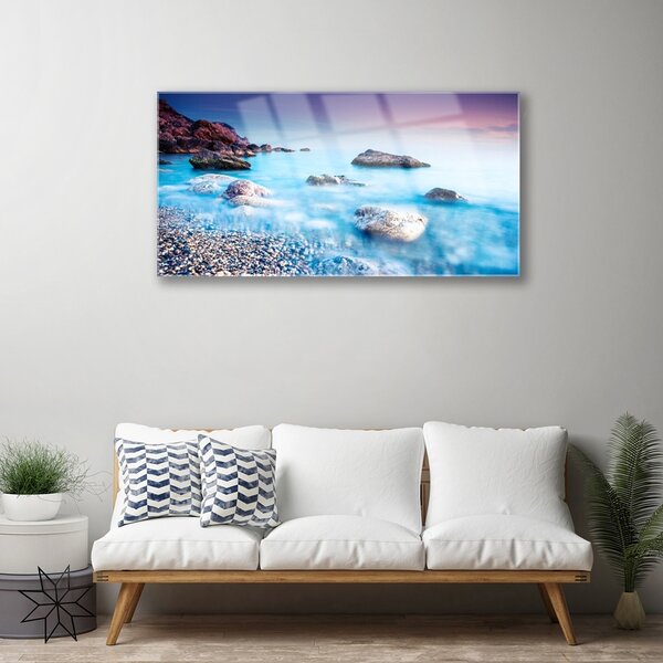 Quadro vetro Mare di ciottoli Zen 100x50 cm 2 appendini