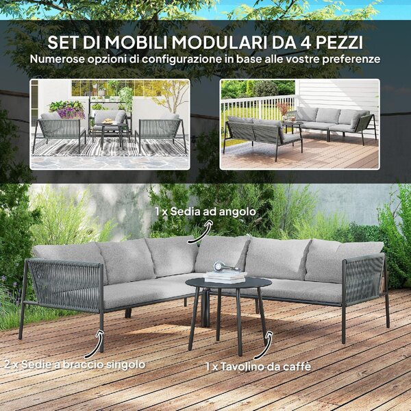 VivaGarden Salotto da Giardino con Divano Angolare e Tavolino con Cuscini in Rattan PE colore Grigio