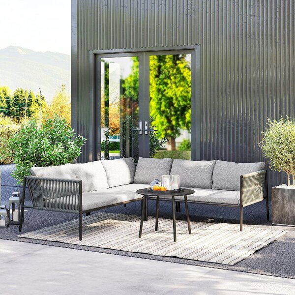 VivaGarden Salotto da Giardino con Divano Angolare e Tavolino con Cuscini in Rattan PE colore Grigio