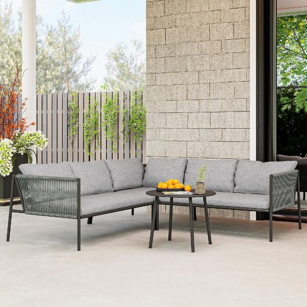 VivaGarden Salotto da Giardino con Divano Angolare e Tavolino con Cuscini in Rattan PE colore Grigio