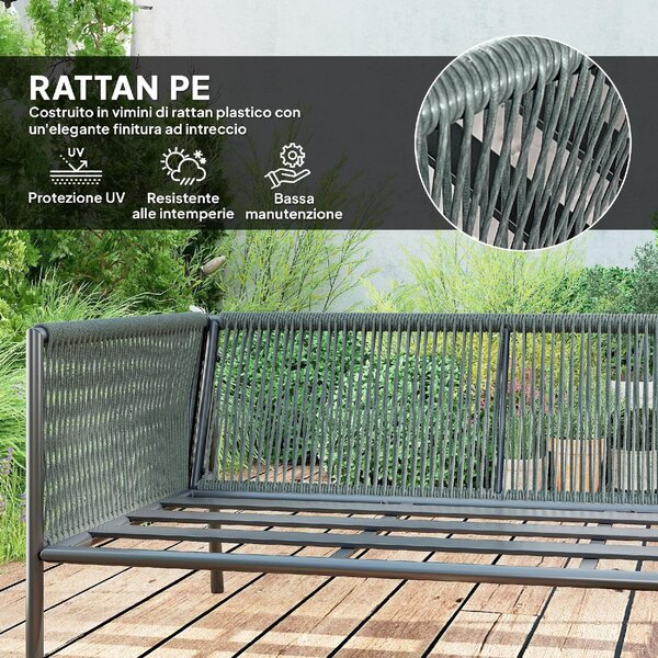 VivaGarden Salotto da Giardino con Divano Angolare e Tavolino con Cuscini in Rattan PE colore Grigio