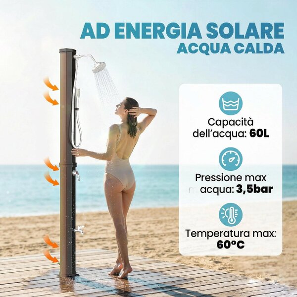 VivaGarden Doccia da Giardino Solare Riscaldata Serbatoio 60 Litri colore Nero